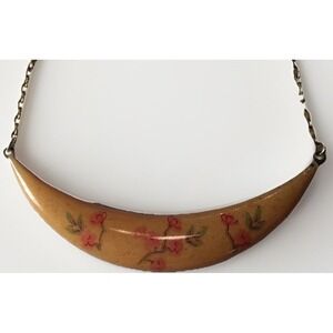 Necklace VTG Enamel Handpainted Flowers Mustard Pink Green Taiwan 6 1/2" Chain